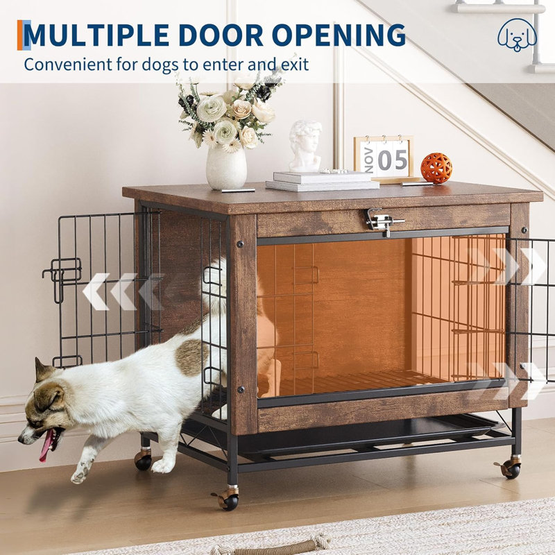 Meuble de caisse en bois pour chien avec roulettes verrouillables et structure en métal