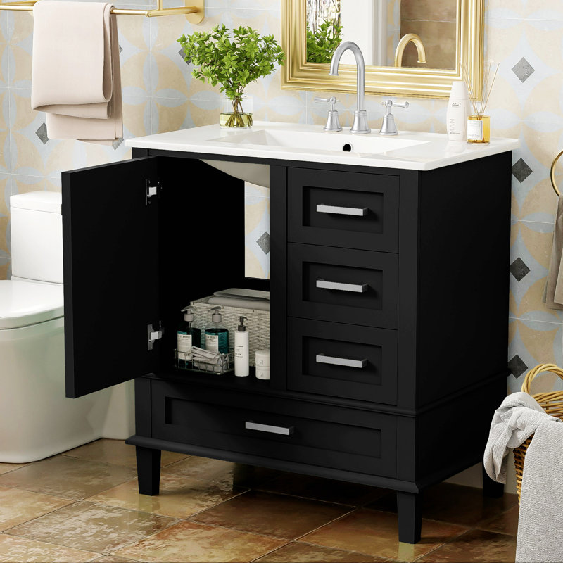 Meuble-lavabo de style moderne, armoire de salle de bain avec lavabo, armoire de rangement avec porte à fermeture douce et 3 tiroirs