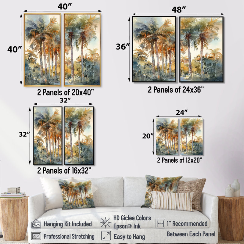 «Green Palm Tree Paradise III», art mural traditionnel sur toile 2 panneaux, H 40 po x l 40 po, Doré