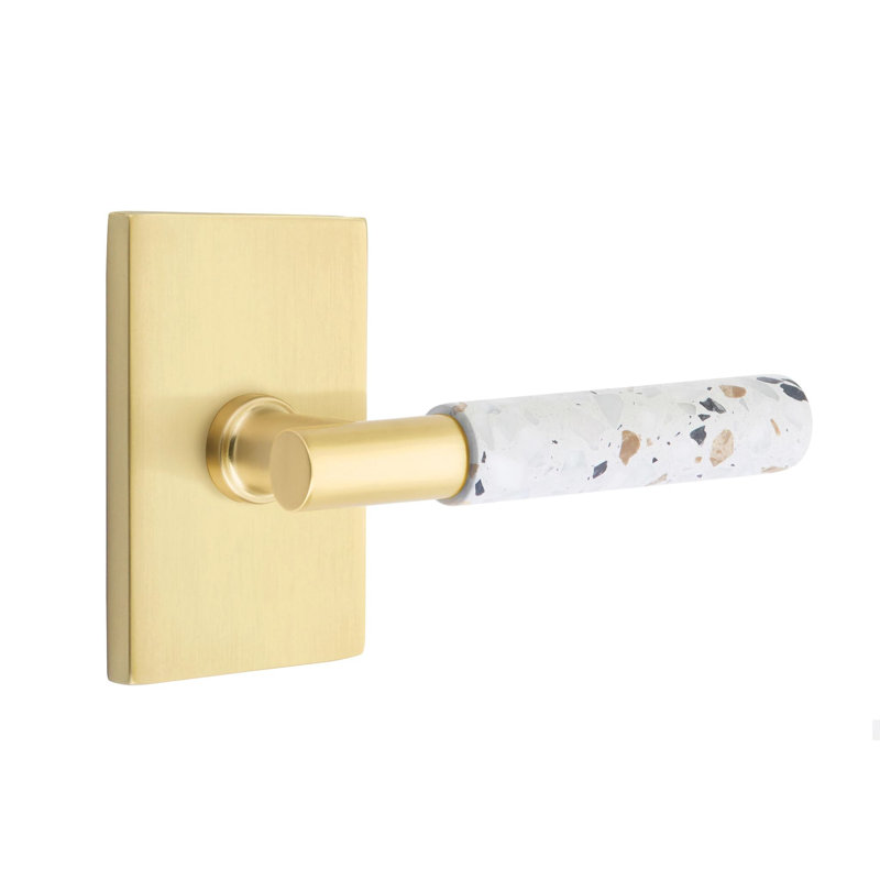 Mortaise intérieure Select Passage avec rosette rectangulaire moderne et tige en T, levier Terrazzo, Laiton satiné, Oui