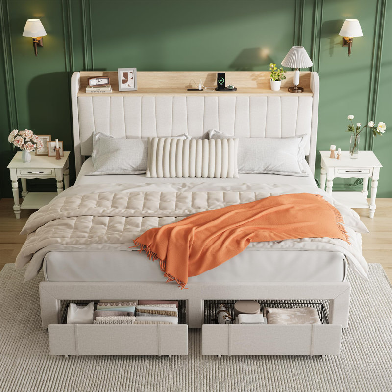 Très grande base de lit tapissier avec tête de lit et station de charge, base de lit plateforme avec tiroirs, Beige