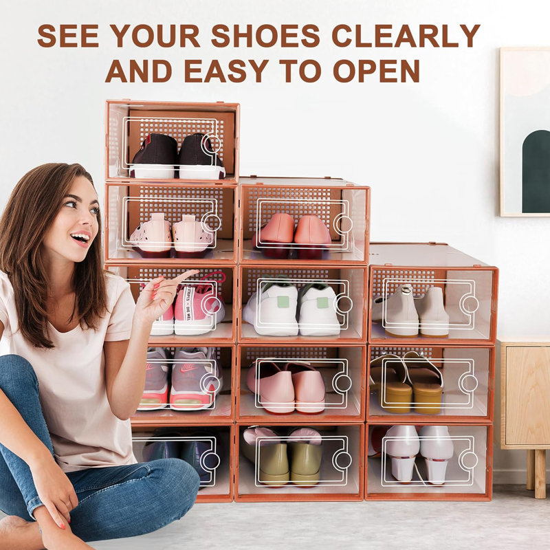 Range-chaussures empilables avec couvercles rabattables, bacs à chaussures en plastique transparent pour placard ou sous le lit, conception aérée et durable pour un accès facile et peu encombrant