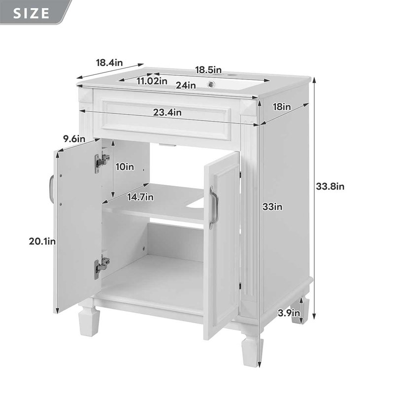 Armoire de rangement moderne pour salle de bain 24 po avec 2 portes à fermeture douce et tablette réglable, Blanc