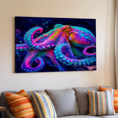 Vibrant Octopus Colorful Marine Ocean Sea Life Animal Canvas Wall Art Print For Living Room, Bedroom, Office, Hallway, Entryway, Gallery Wall And Modern Home Decor
