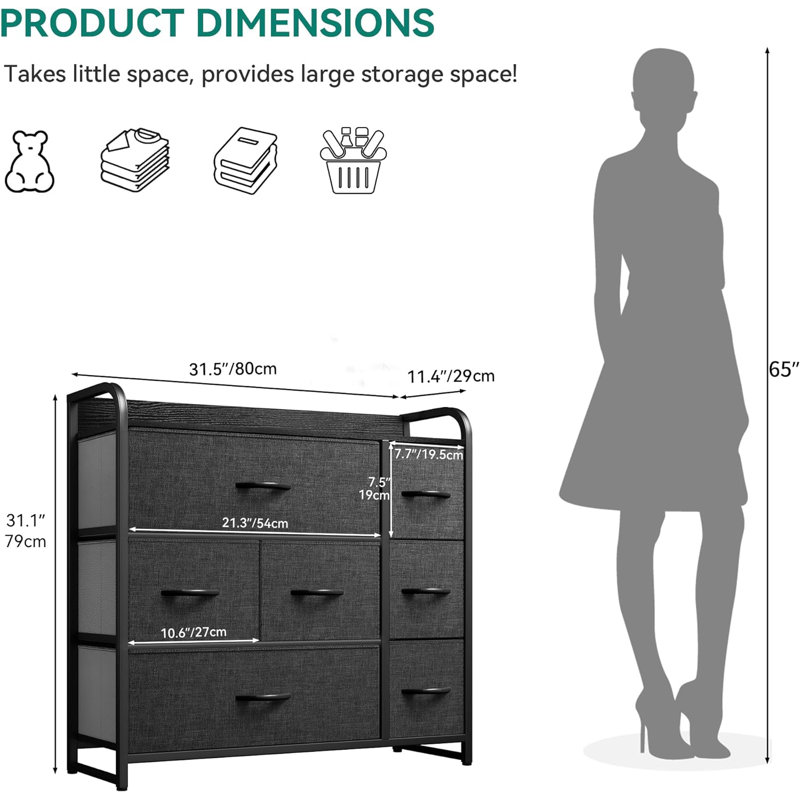 Commode 7 tiroirs, rangement avec tablettes, commode en tissu, commode pour chambre à coucher, salon, placards, structure en acier robuste, plateau en bois, bacs en tissu à tirer facilement
