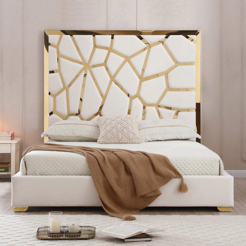 Upholstered Metal Platform Bed, Cream, King