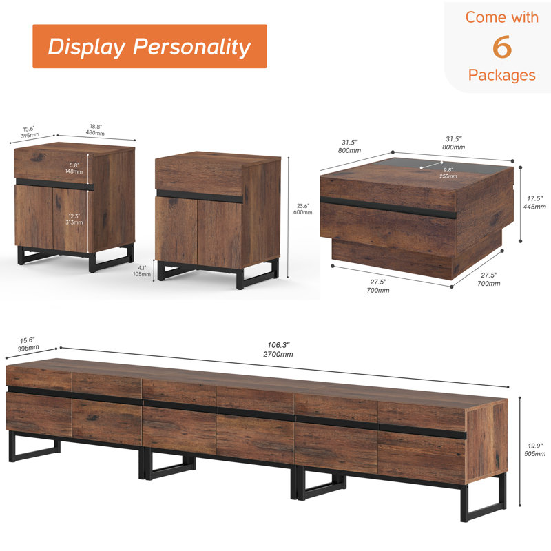 Latitude Run Living Room Table Sets Of 4, 106 Inch TV Stand, 1 Square Coffee Table With Top, 2 End Table With Drawers For Living Room, Entertainment Centre, Console Table