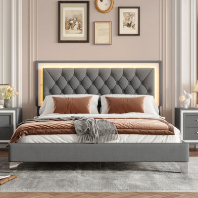 Structure de lit tapissier avec lumières DEL, lit plateforme moderne en velours avec tête de lit capitonnée