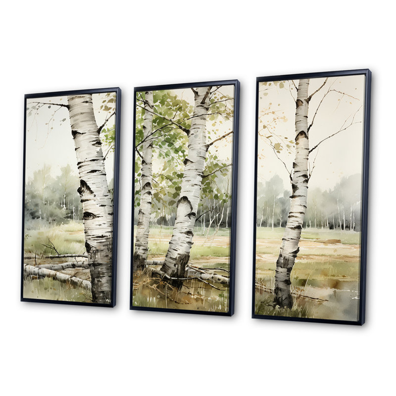 «Green Birch Wood Beauty», ensemble d'art mural bouleau vert, H 28 po x l 36 po x P 1 po, Cadre flottant noir