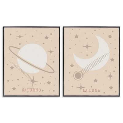 Minimal Saturn & Moon 2 Piece Framed Giclee Art Set, design by Daniela Santiago