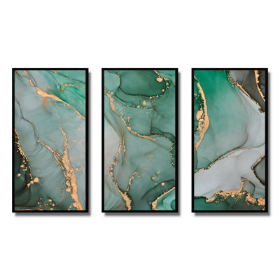 Turquoise et gris, art abstrait fluide de luxe III - ensemble d'art moderne sur toile encadrée moderne de 3