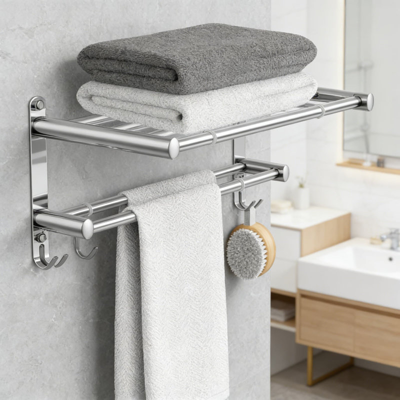 Porte-serviettes réglable en acier inoxydable pour fixation murale dans la salle de bain - Porte-serviettes de douche double couche avec adhésif et vis - Conception peu encombrante pour la cuisine (17 à 30,7 po)