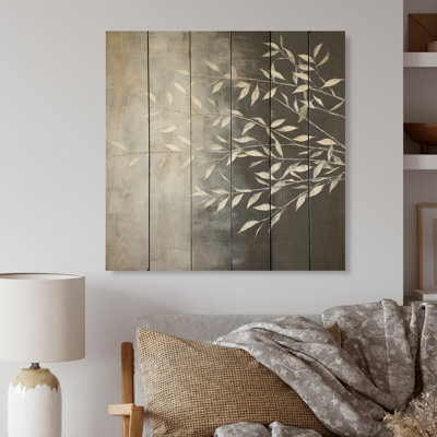 Feuilles de saule en blanc - feuilles, art mural sur bois de pin naturel