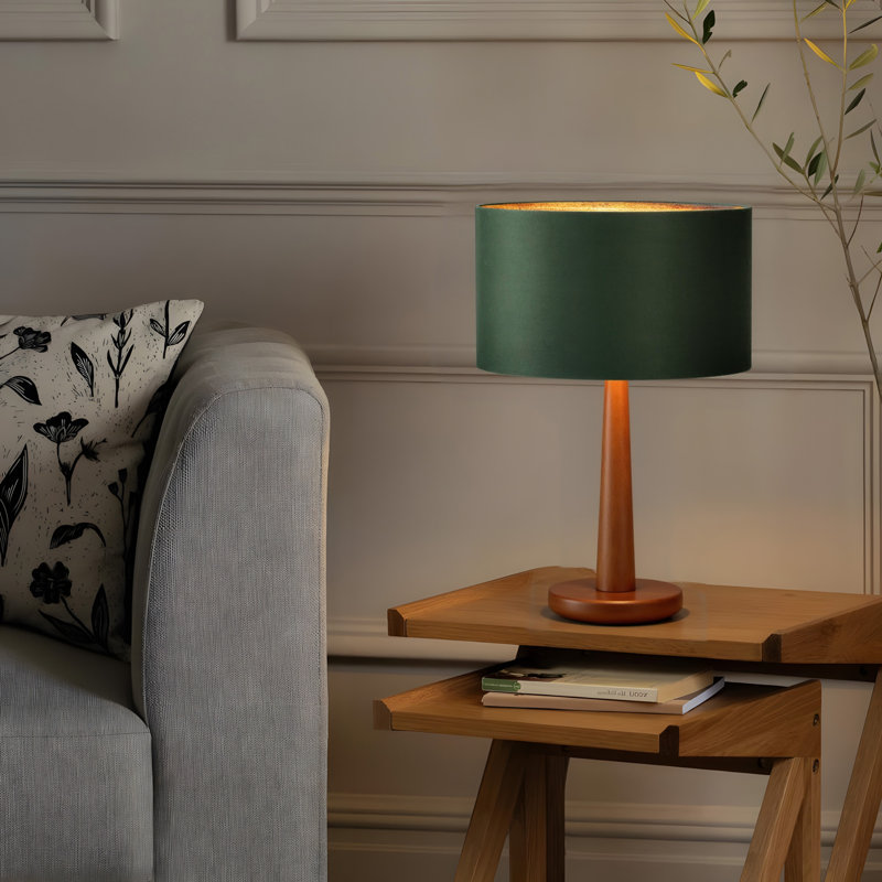 18.5'' Modern Tapered Wood Table Lamp with Drum Shade, Minimalist Nightstand Lamp for Bedroom, Green