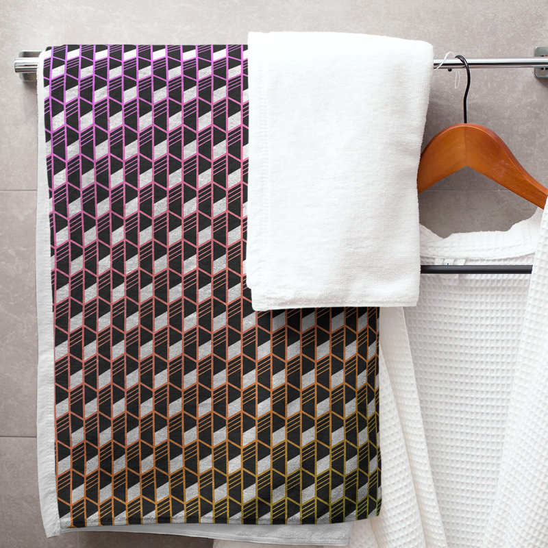 Serviette de bain à rayures géométriques classique, Noir / Rouge / Blanc
