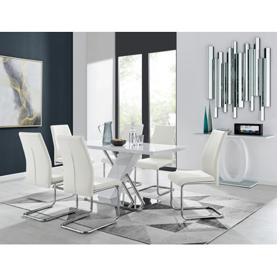 Sorro Cross Luxury High Gloss & Chrome Dining Table Set with 6 Upholstered Faux Leather Chairs