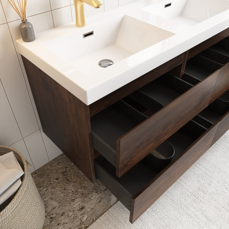 48 po Meuble-lavabo mural double avec plateau en résine blanche, Palissandre