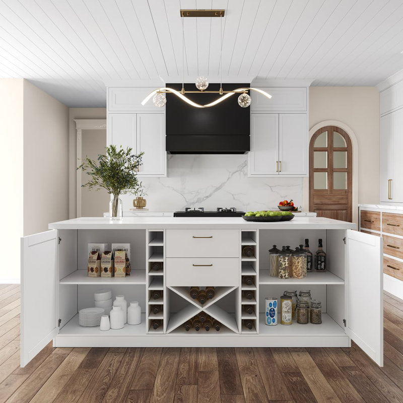 Îlot de cuisine 72 po en pierre frittée stationnaire avec rangement pour le vin, îlot de cuisine avec armoire, tiroir et tablettes, table d'îlot pour la préparation des repas, salle à manger et bar pour la maison