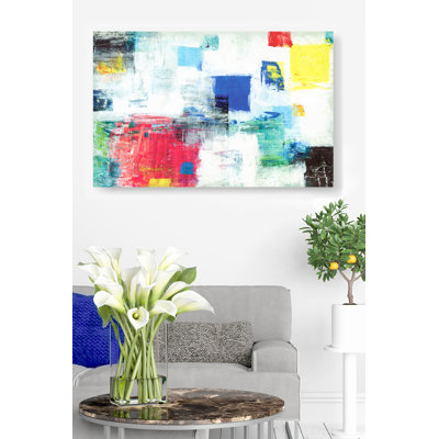 Carrés en abstrait, gemmétrique, rouge, blanc, bleu, jaune, noir