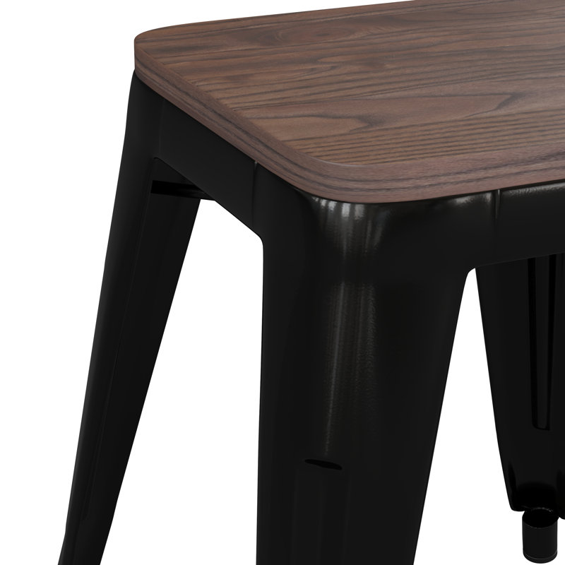 Alsadig 18" Table Height Indoor Stackable Metal Stool with Wood Seat, Black