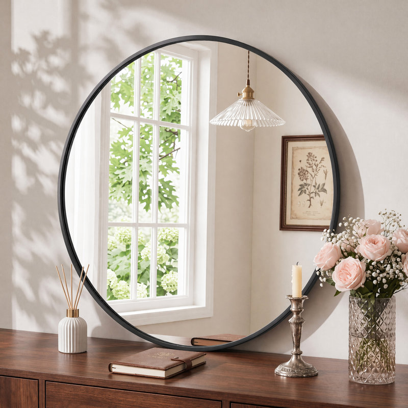 Miroir mural rond en métal, 24 po x 24 po, Noir, noir, noir, noir
