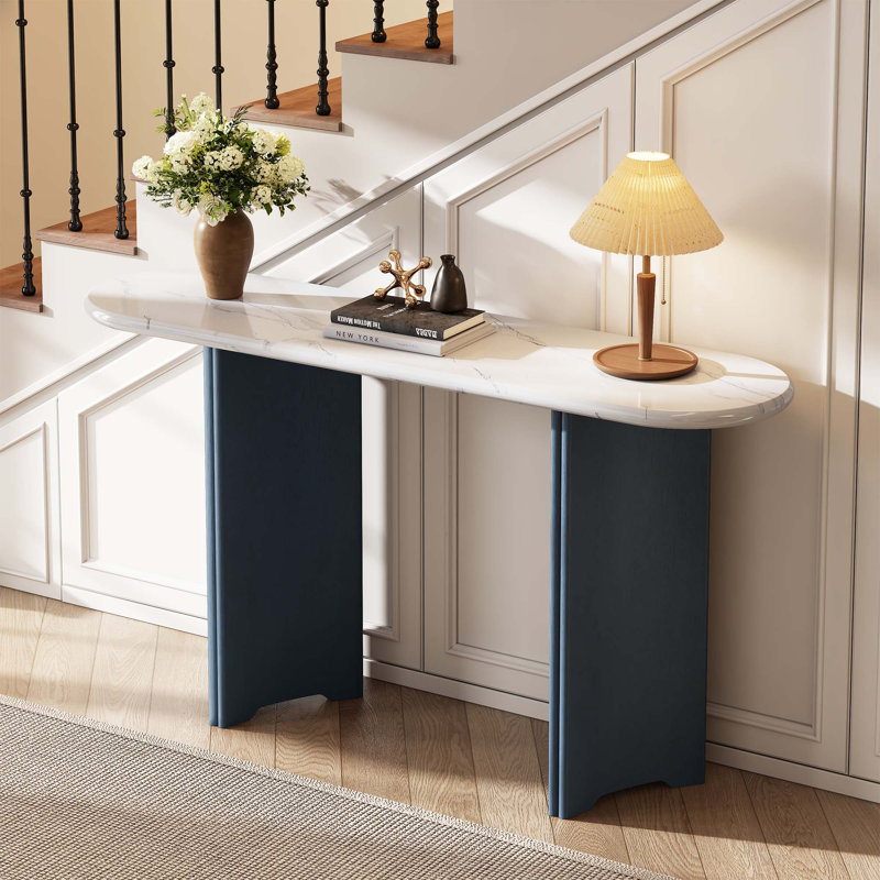 Console rustique étroite avec plateau ovale et pieds courbés, Marine