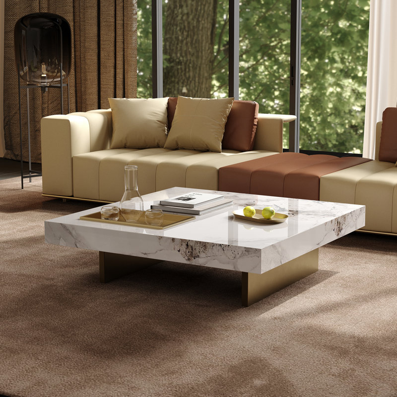 Luxury Faux Marble Square 42" Coffee Tables 2 Glossy Stainless Steel Gold Legs Modern Cocktail Tables with a Tray and Silicone Foot Pads