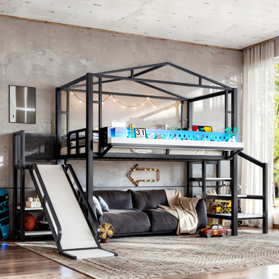 Twin Size Loft Bed with Storage Stairs, Shelves and Built-in Wardrobe, Metal Loft Bed Frame with USB Ports and LED Lights, Noise-reduced Design, Black