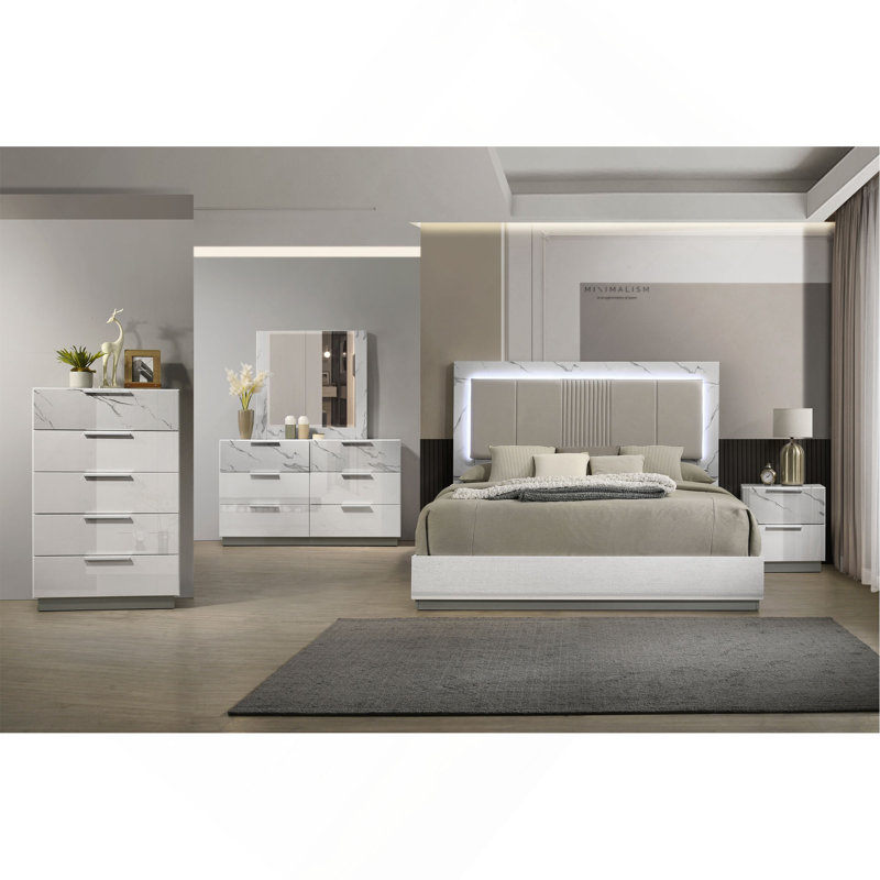 Commode - finition bicolore très brillante en marbre et laque avec cinq tiroirs à glissement lisse, tiroir supérieur doublé de velours
