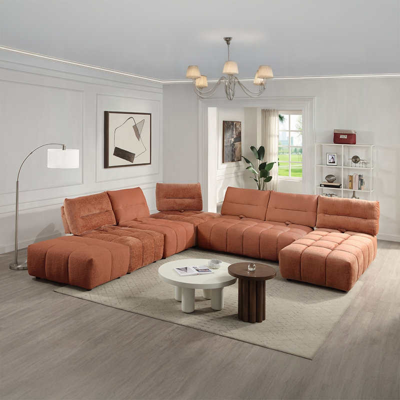 Repose-pieds contemporain en chenille brun rouille Carrick avec coussin haute densité et structure renforcée, Bois brun