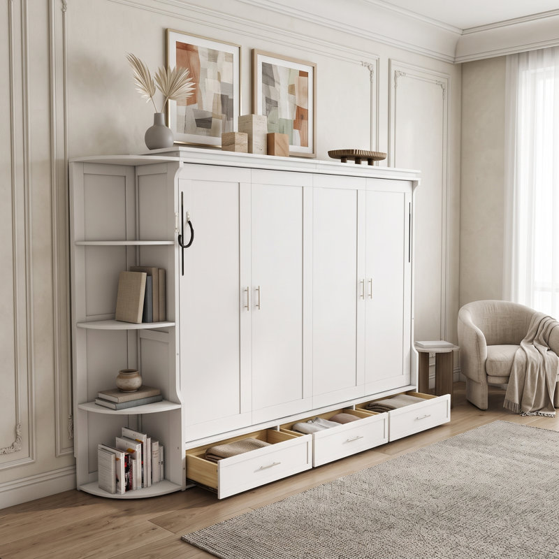 Lit escamotable 3 tiroirs avec tablettes latérales, Grand lit, Blanc
