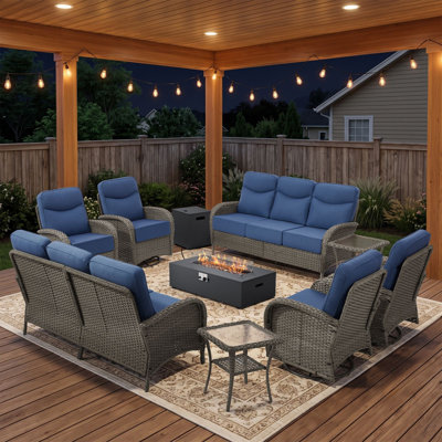 Ensemble de conversation pour foyer d'extérieur en osier 10 pièces avec canapé, fauteuils pivotants et repose-pieds