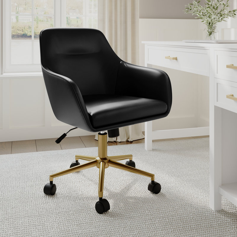 Martha Stewart Rayna Upholstered Swivel Home Office Chair with Flared Arms, Black, Polished Brass