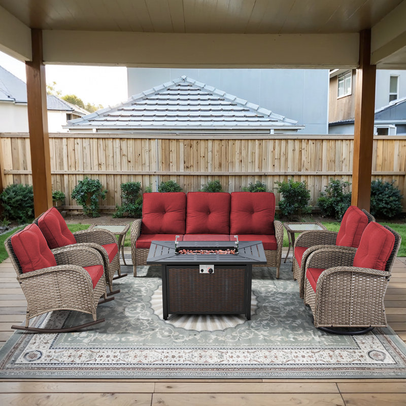 All-Weather Outdoor Wicker Porch Nighttime Family Fire Pit Set With Sofa, Rocking Chairs And Swivel Chairs, Red