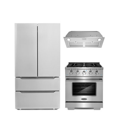 Cosmo 3 Piece Kitchen Appliance Package with French Door Refrigerator , 30'' Gas Freestanding Range , Insert Range Hood , and Air Fryer -  COS-3PKG-365