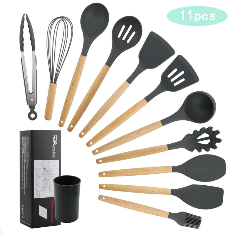 11-Piece Silicone Cooking Utensil Set With Wooden Handles - Heat-Resistant Non-Stick Kitchen Tools, Matte Black/Natural