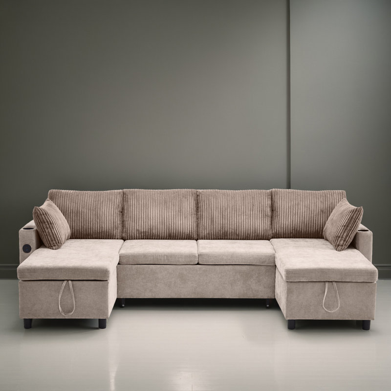 112" U-shaped Pull-Out Sleeper Sectional Sofa Bed with Storage, Brown Chenille