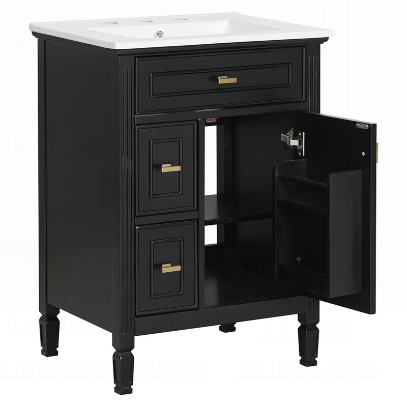 Meuble-lavabo de salle de bain avec lavabo, armoire en bois massif et panneau de fibres à densité moyenne, un tiroir rabattable, deux tiroirs standard et une tablette réglable, meuble-lavabo autoportant pour le rangement de la salle de bain