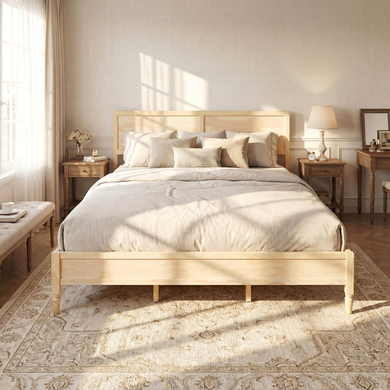 Structure de lit plateforme très grand en bois avec tête de lit à panneau classique, support de lattes en bois, aucun sommier requis, assemblage facile, naturel