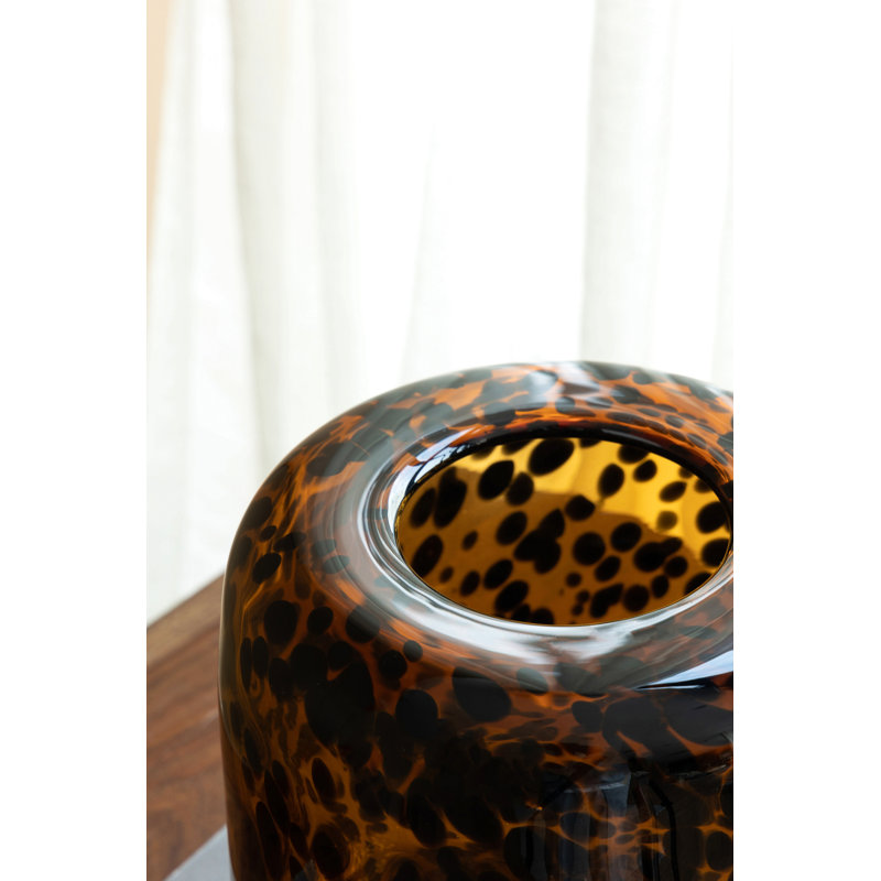 Brown And Amber Glass Vase With Cheetah Motif, Short, 7.9X7.9"