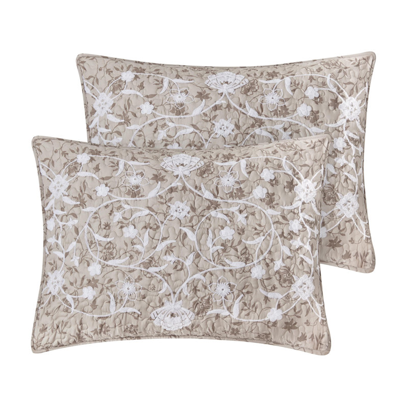 CEDAR COURT Kendall Vine Leaf Embroidery Taupe Neutral All-Season Reversible Soft Microfiber Quilt Set