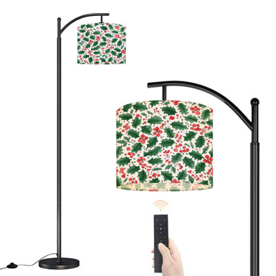Arc Floor Lamp with Adjustable Lampshade Holiday Holly Leaves Red Standing Lamp 3 Color Temperatures Dimmable Tall Pole Lamp with Foot Switch for Bedroom