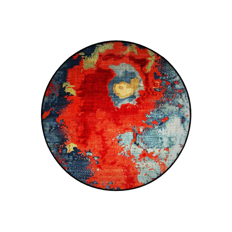 Red Themed Abstract Patterned Round Woven Base Modern Decorative Carpet, Round 5'