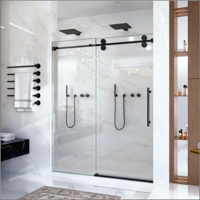 Porte de douche coulissante simple sans cadre - verre trempé transparent, conception à dérivation, Noir mat