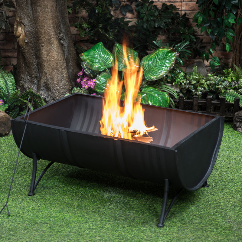 Black Rectangular Steel Wood-Burning Fire Pit with Grill