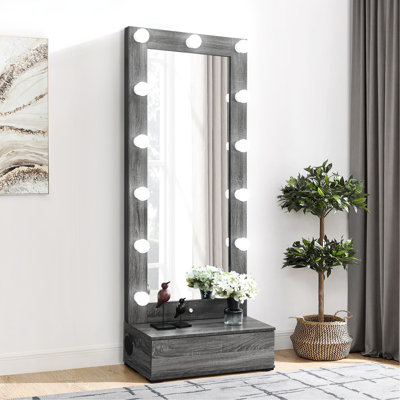 Miroir gris à finition délavée avec DEL et haut-parleurs, longueur de plancher, bois massif et matériau de remplissage, tiroir parfait pour les petites pièces, maisons de contenant convenables