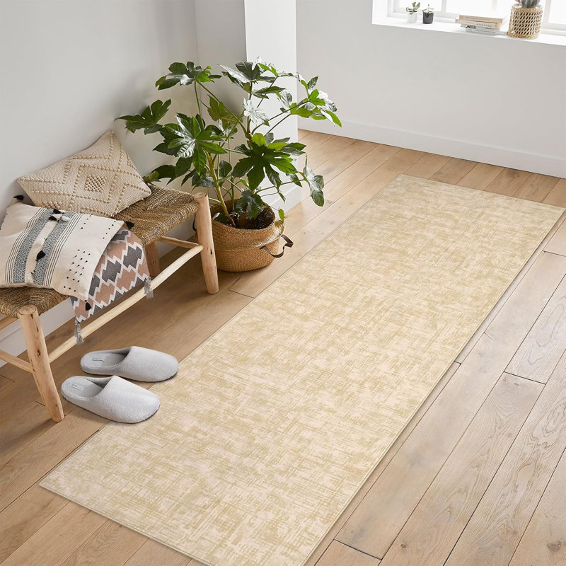 2x6 Washable Kitchen Modern Abstract Runner Rug for Hallway Beige Contemporary Solid Rug Non-Slip Foldable Aesthetic Accent Floor Carpet for Bedroom
