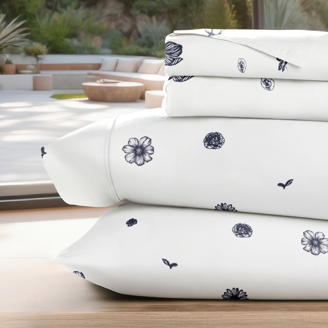 Home Indigo Flowers Pattern Microfiber Sheet Set Becky Cameron 