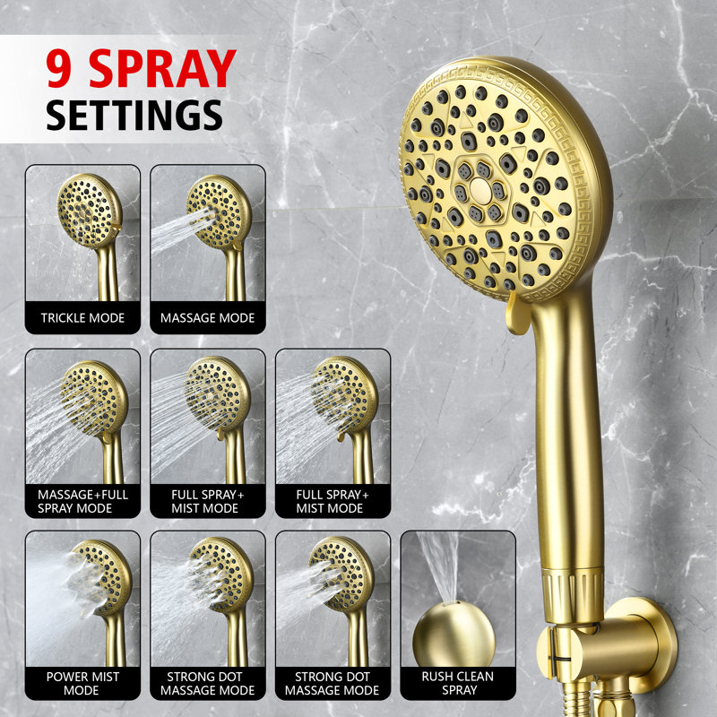 SUMERAIN Shower System Set with 9 Inch Rain Shower Head and 9 Settings Spray Hand Shower with Hard Water Filter, Brushed Gold