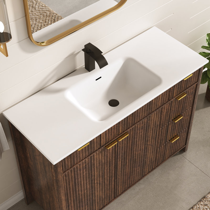 Meuble-lavabo cannelé de 122 cm avec lavabo et robinet, Brun